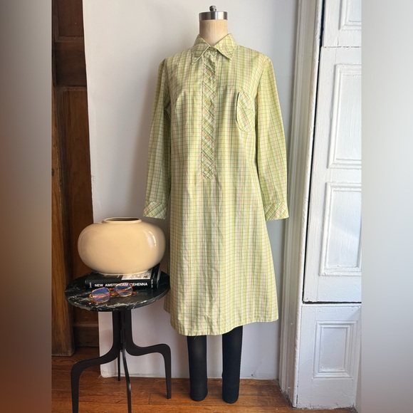 Vintage Dresses & Skirts - Vintage Green Plaid Check Cotton Shirt Dress | Button Up Midi Dress with Pockets